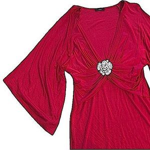 Red Dressy Deep V Neck Flared Sleeve Rhinestone Brooch Blouse